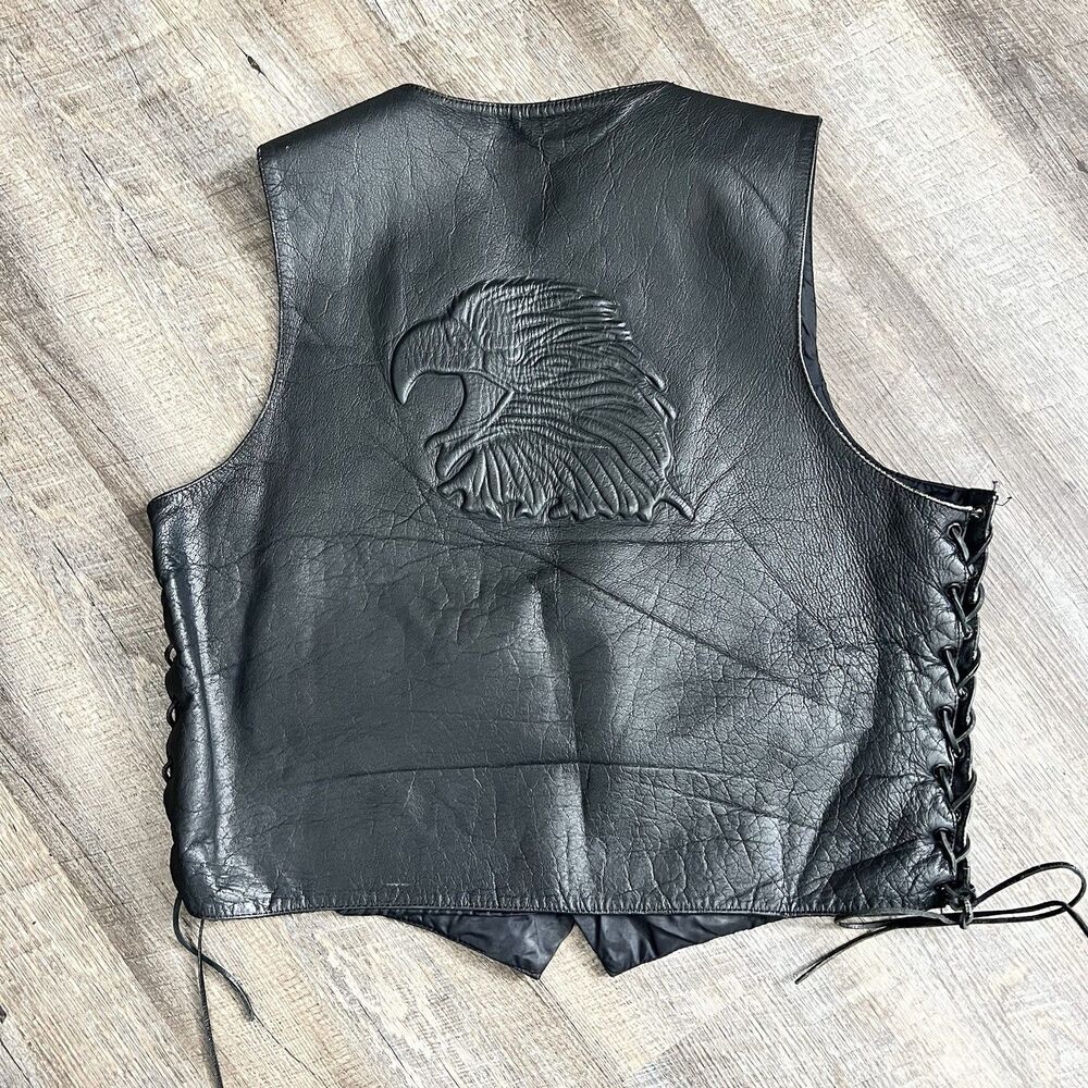 Vintage 90s Wilsons Leather Biker Vest Embossed Eagle